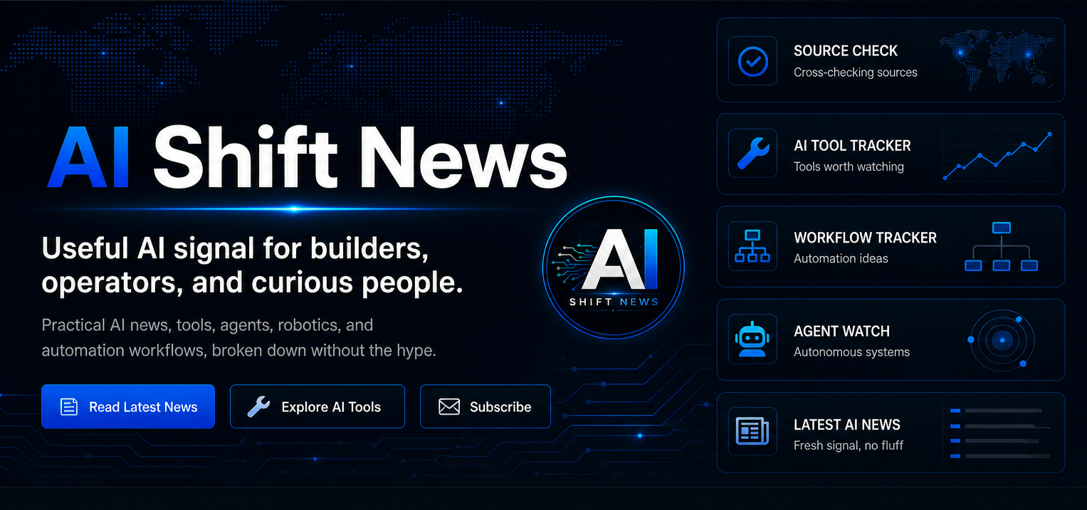 AI Shift News command center hero showing practical AI news, tool tracking, workflow tracking, agent watch, and latest AI news.