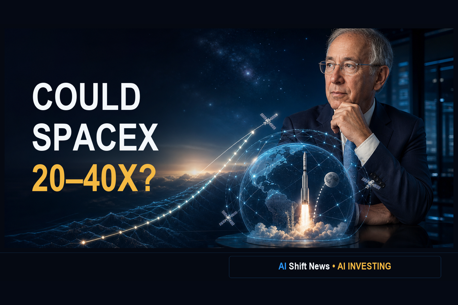 Could SpaceX grow 20 to 40 times? AI Shift News AI Investing thumbnail featuring Ron Baron, a SpaceX rocket and a rising chart