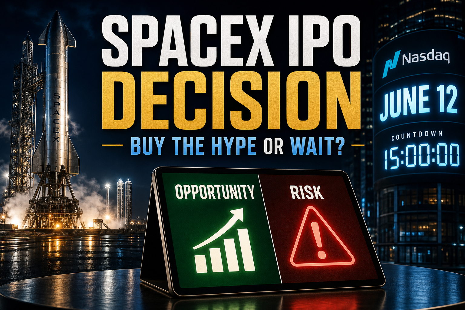 SpaceX IPO decision thumbnail showing opportunity versus risk and the question buy the hype or wait