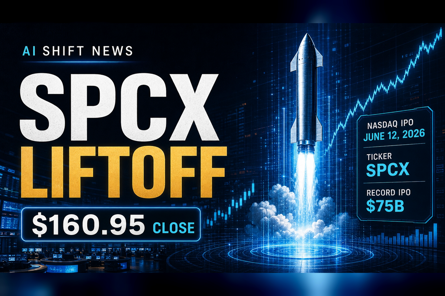 AI Shift News SpaceX IPO thumbnail showing SPCX liftoff, Nasdaq IPO, and $160.95 close