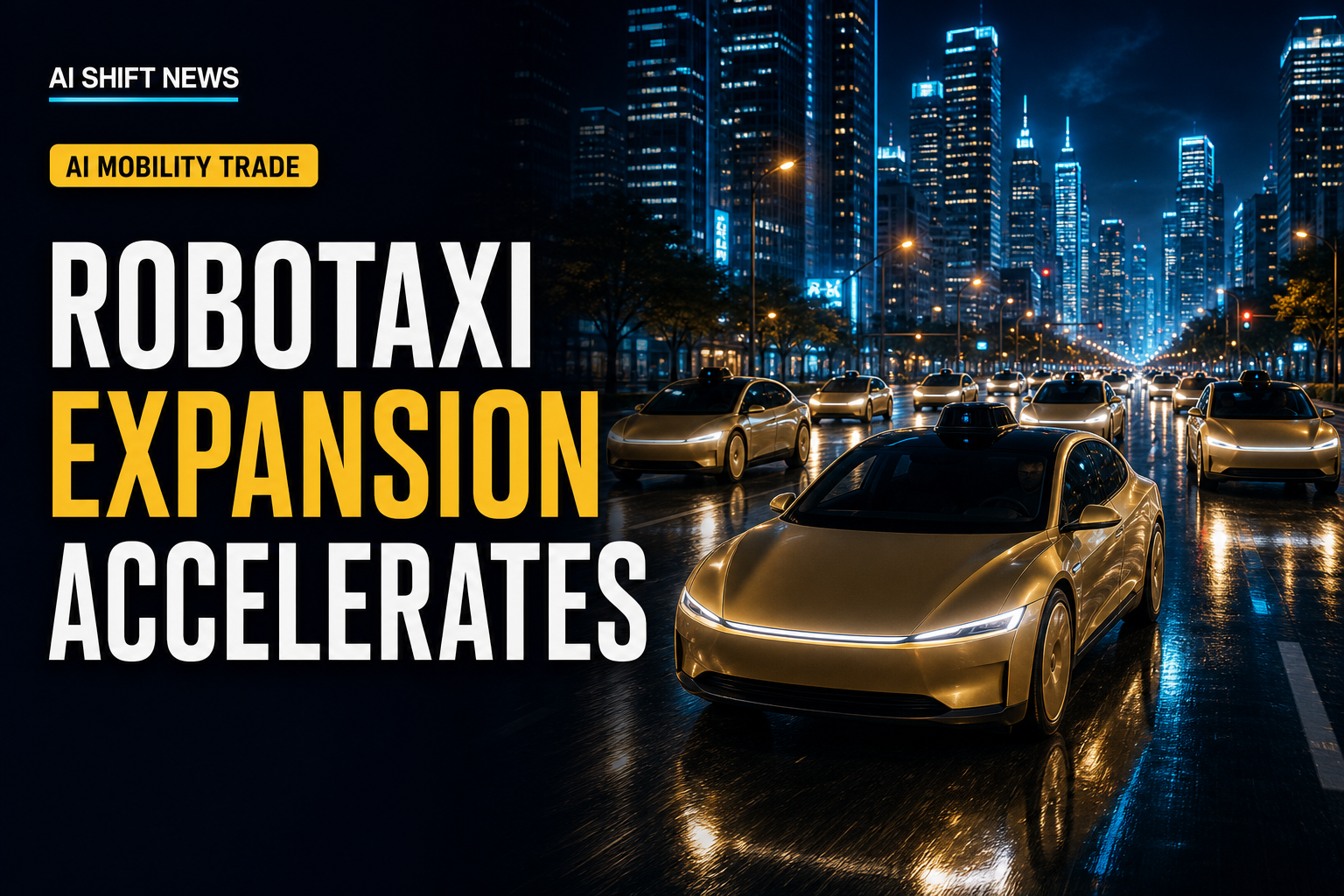 AI Shift News Robotaxi Expansion Accelerates thumbnail with a CyberCab fleet at night