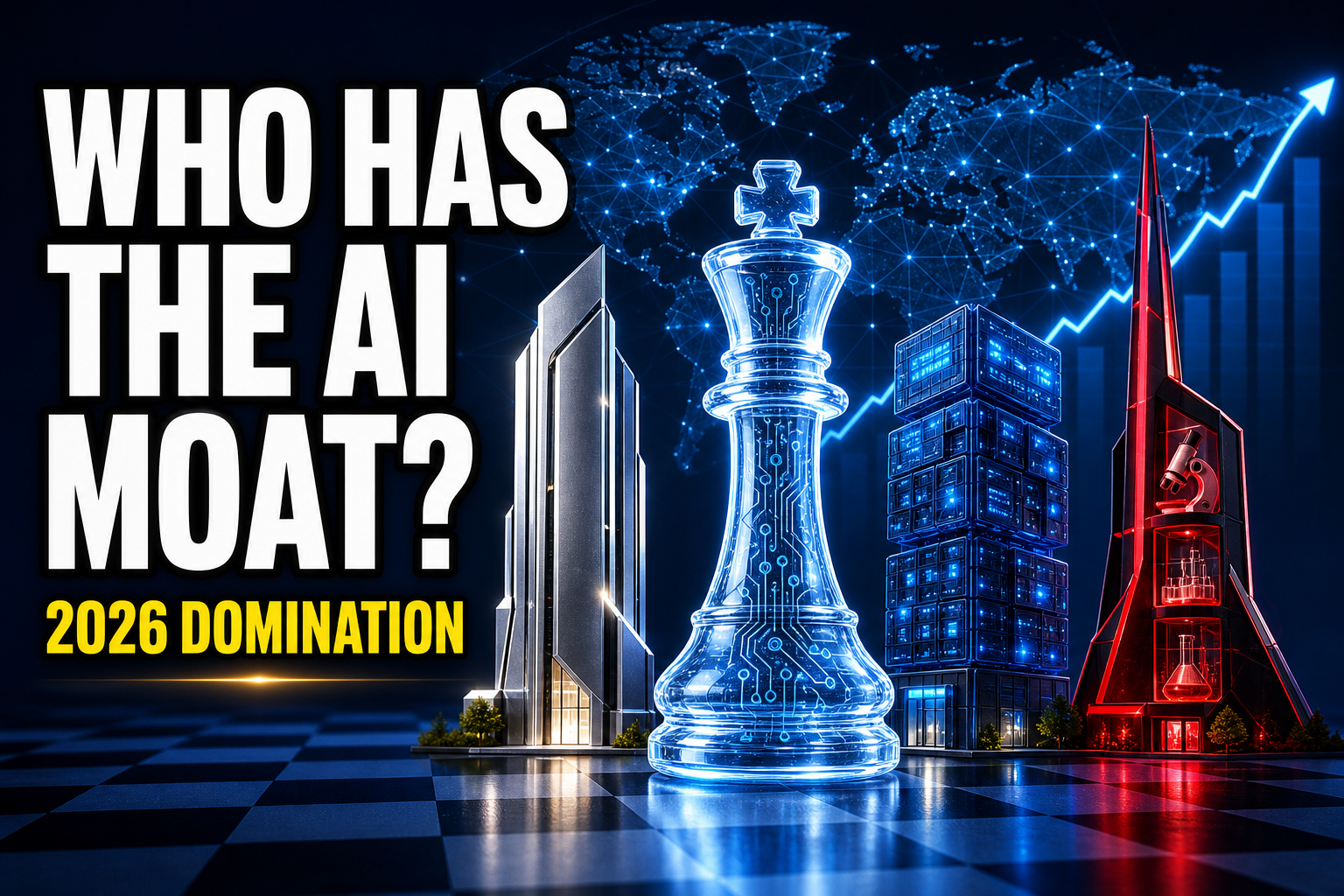 Who has the AI moat 2026 domination thumbnail with a chess piece, AI infrastructure, and rising market chart