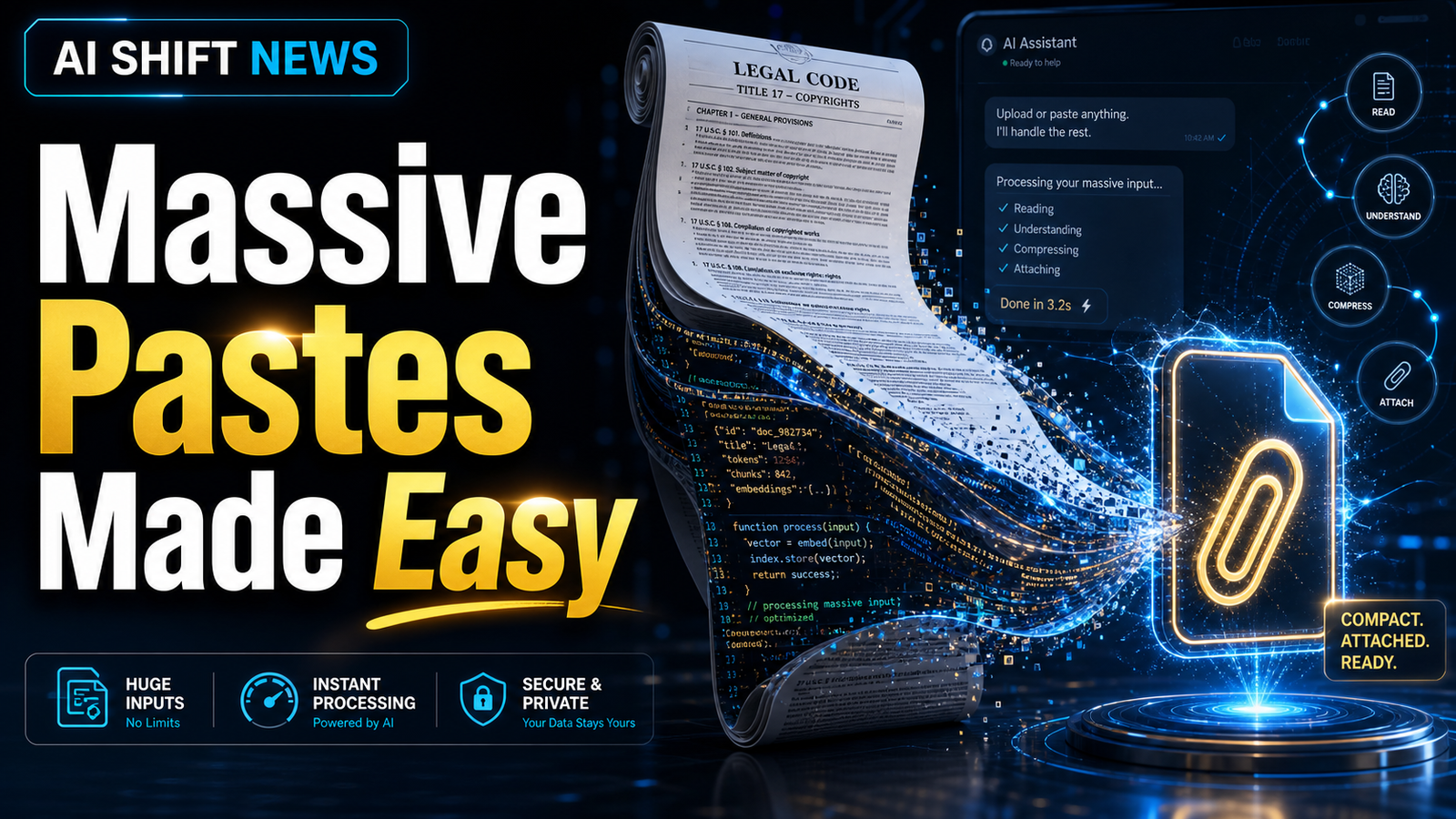 AI Shift News thumbnail showing ChatGPT handling large pastes as attachments