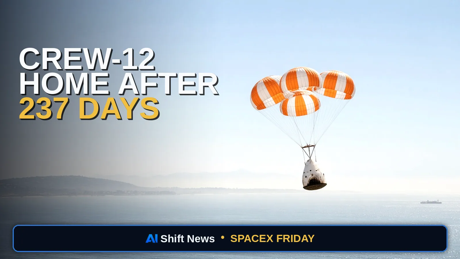 AI Shift News thumbnail for Crew-12 Splashdown: Dragon Freedom Home After 237 Days