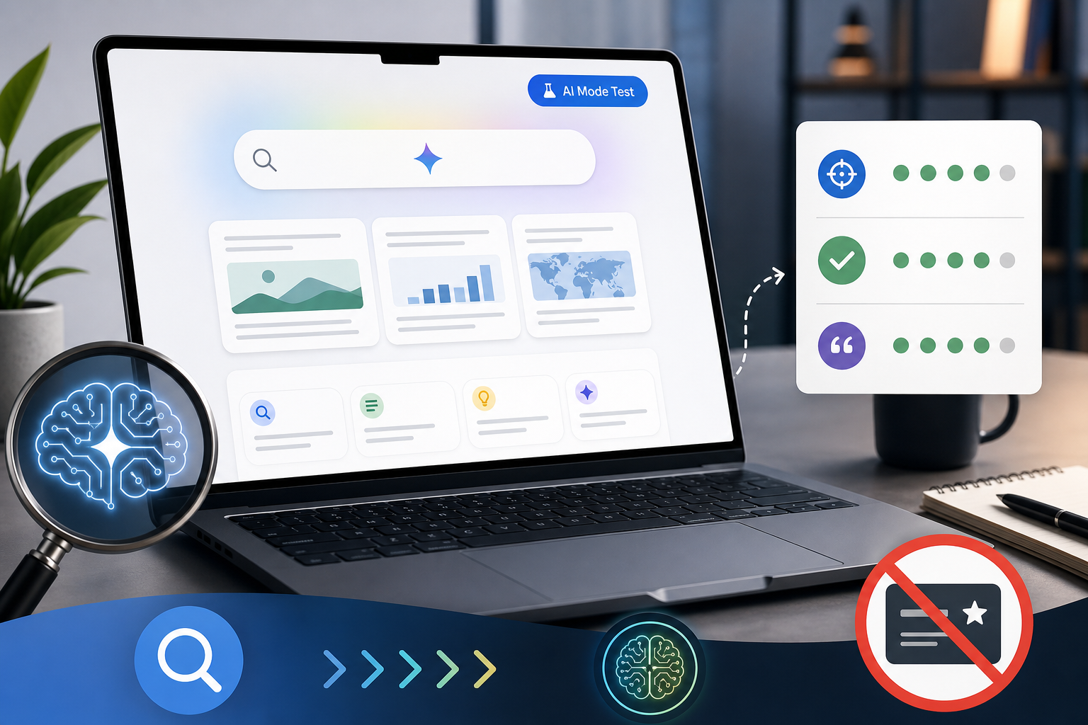 Google AI Mode workflow thumbnail showing search refinement cards and an evaluation checklist