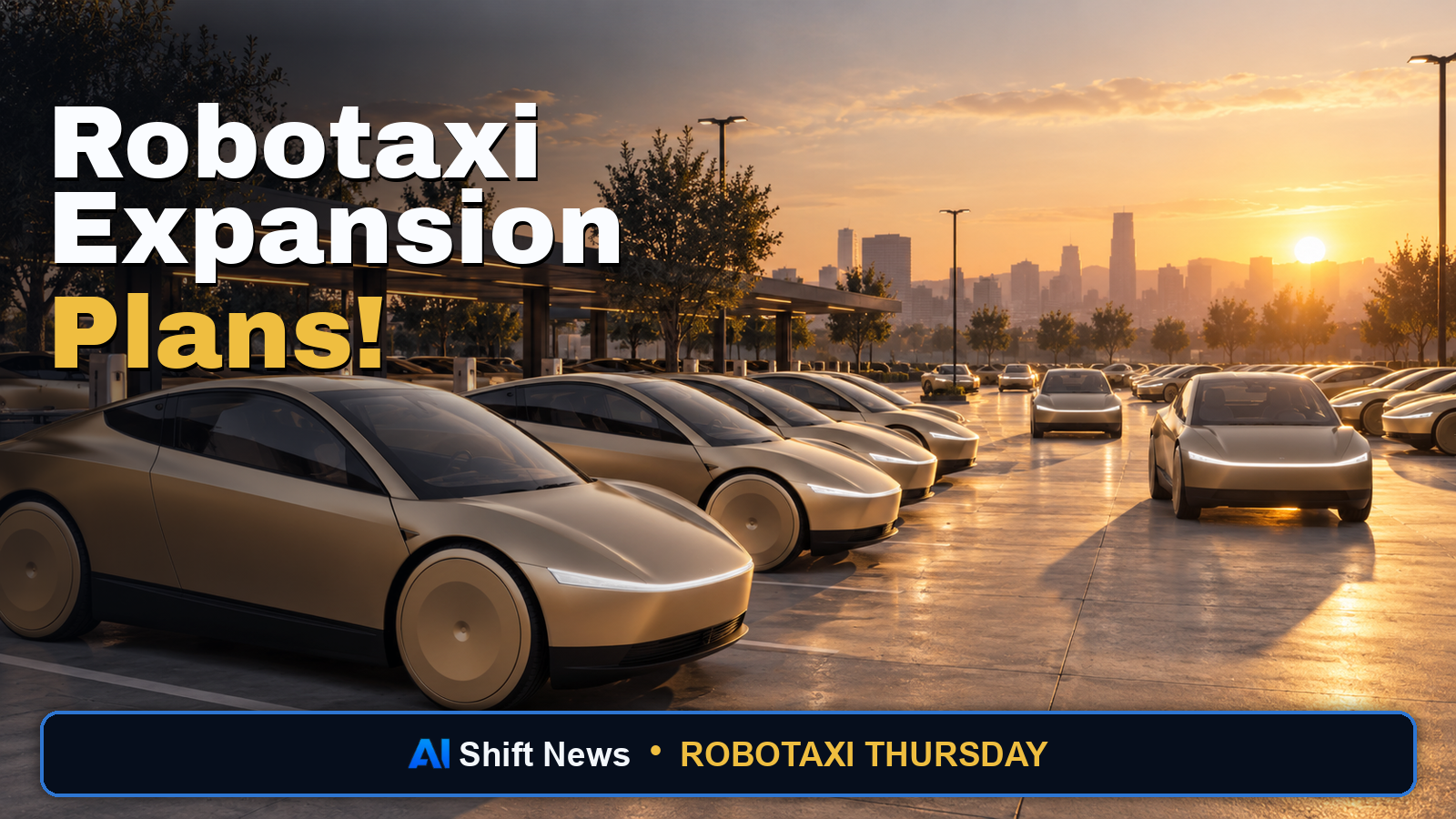 AI Shift News thumbnail: sunrise Cybercab depot rows, Robotaxi Expansion Plans, Robotaxi Thursday