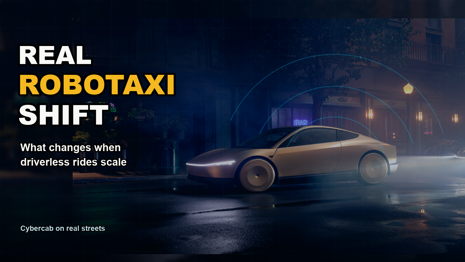 Real robotaxi shift thumbnail showing a Cybercab-style autonomous vehicle on a dark city street