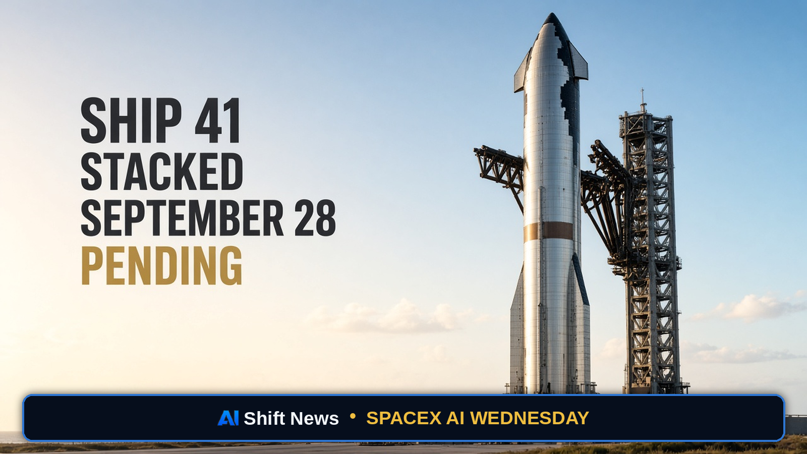 AI Shift News thumbnail for Ship 41 Is Stacked on B21 at Pad 2 — That Is Integration Progress, Not a Sep 28 Orbit Receipt