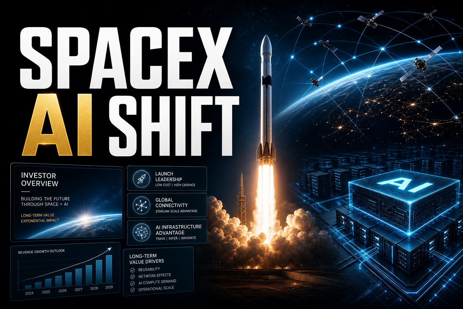 SpaceX AI Shift thumbnail with rocket launch, Starlink network, and AI infrastructure panels