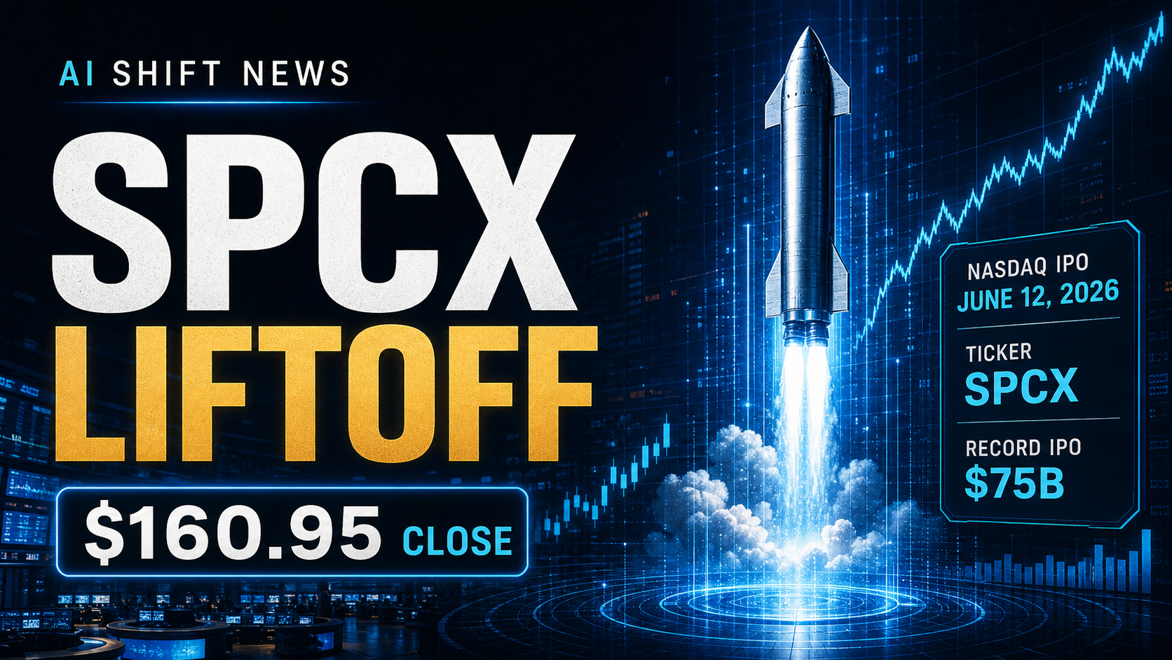 AI Shift News SpaceX IPO thumbnail showing SPCX liftoff, Nasdaq IPO, and $160.95 close