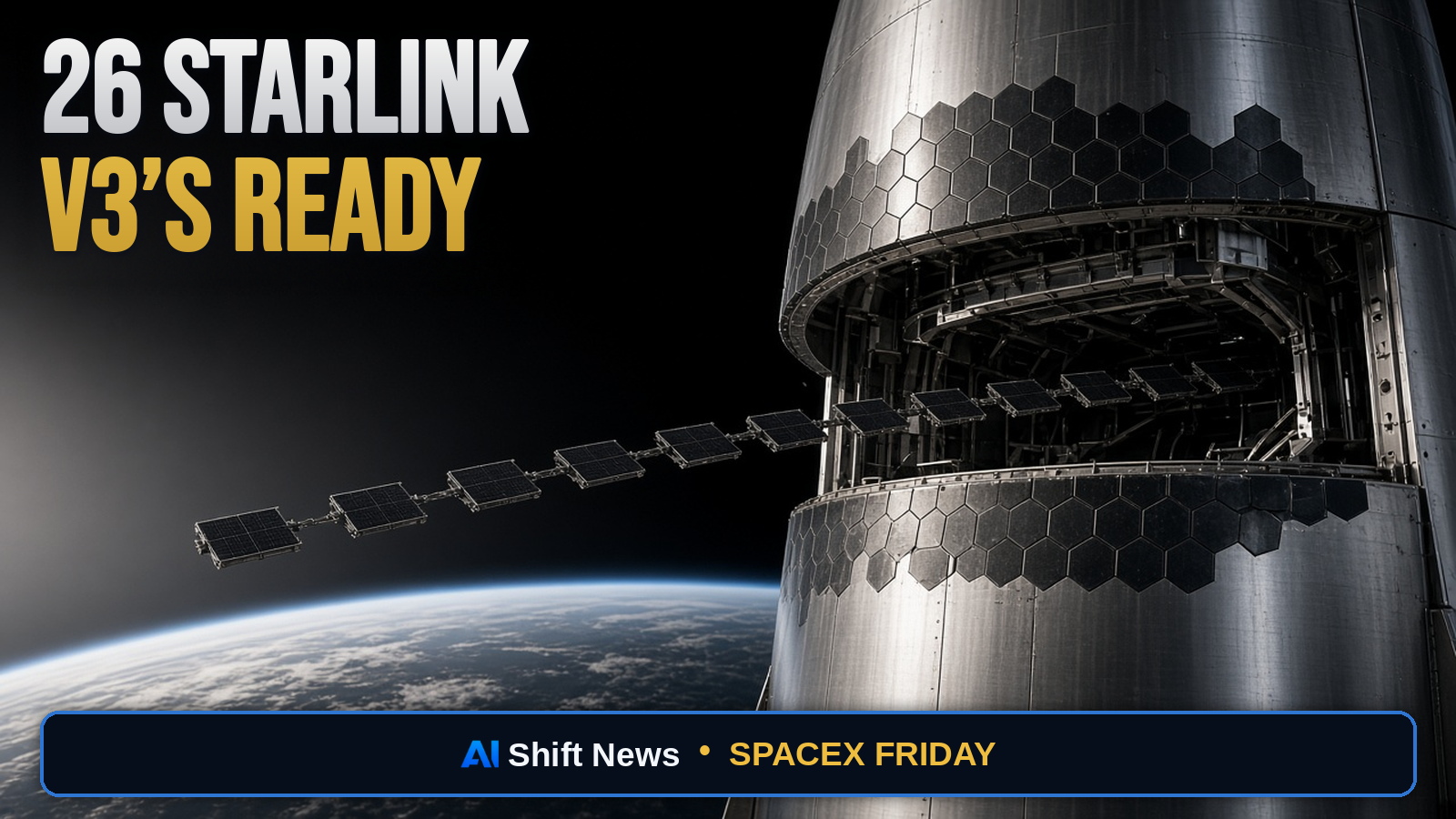 AI Shift News thumbnail for Starship Flight 14 First Orbital Plan: 26 Starlink V3