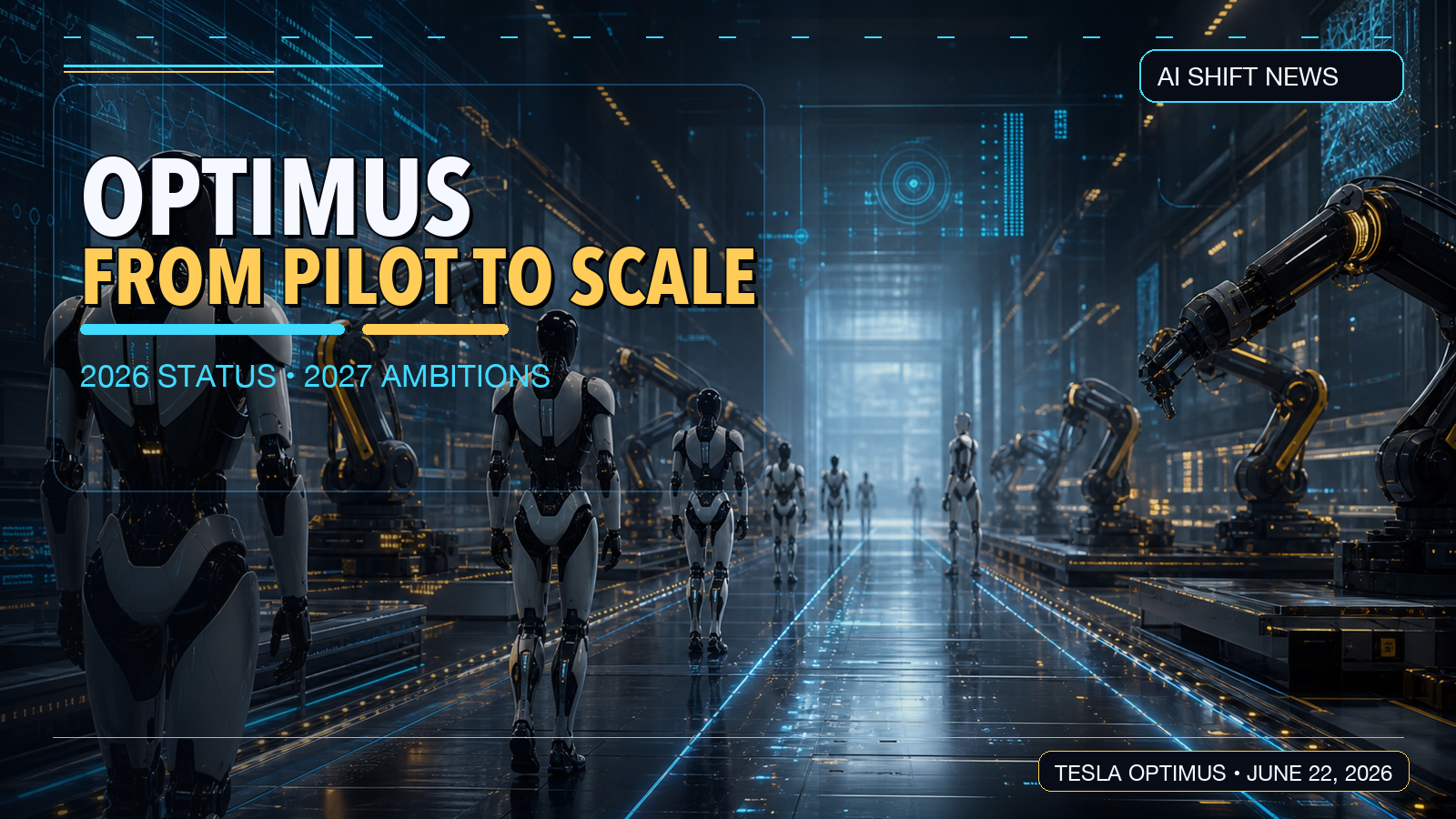 AI Shift News Tesla Optimus thumbnail showing humanoid robots in a futuristic factory