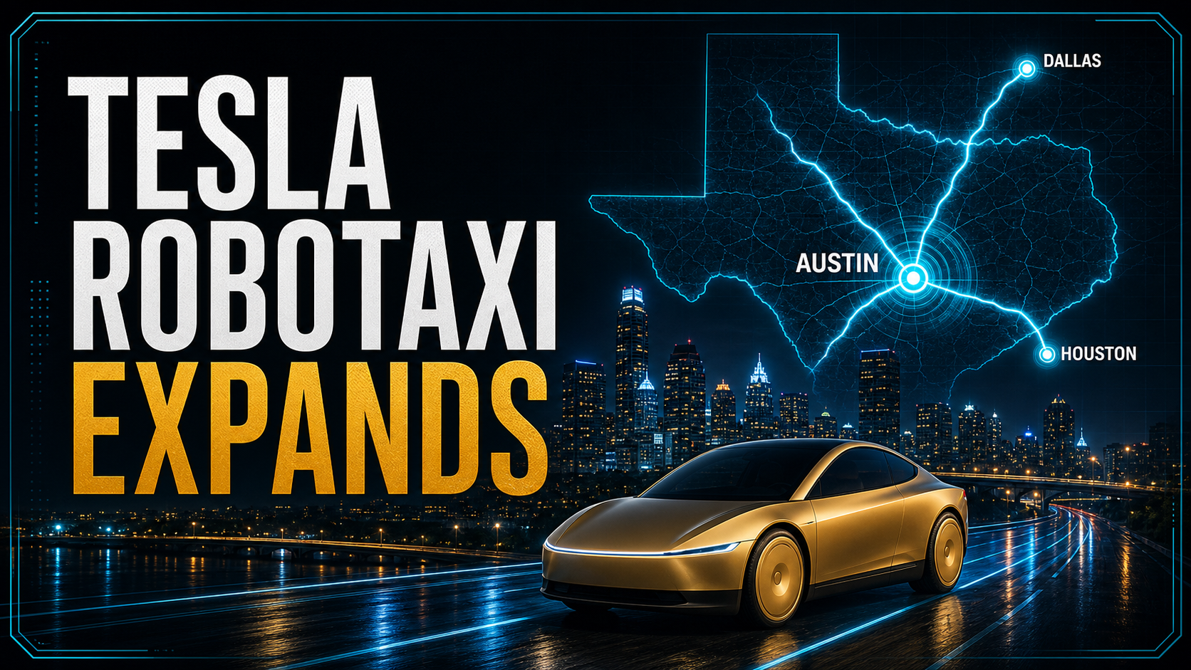 Tesla Robotaxi expands Austin thumbnail with gold Cybercab over an Austin metro map