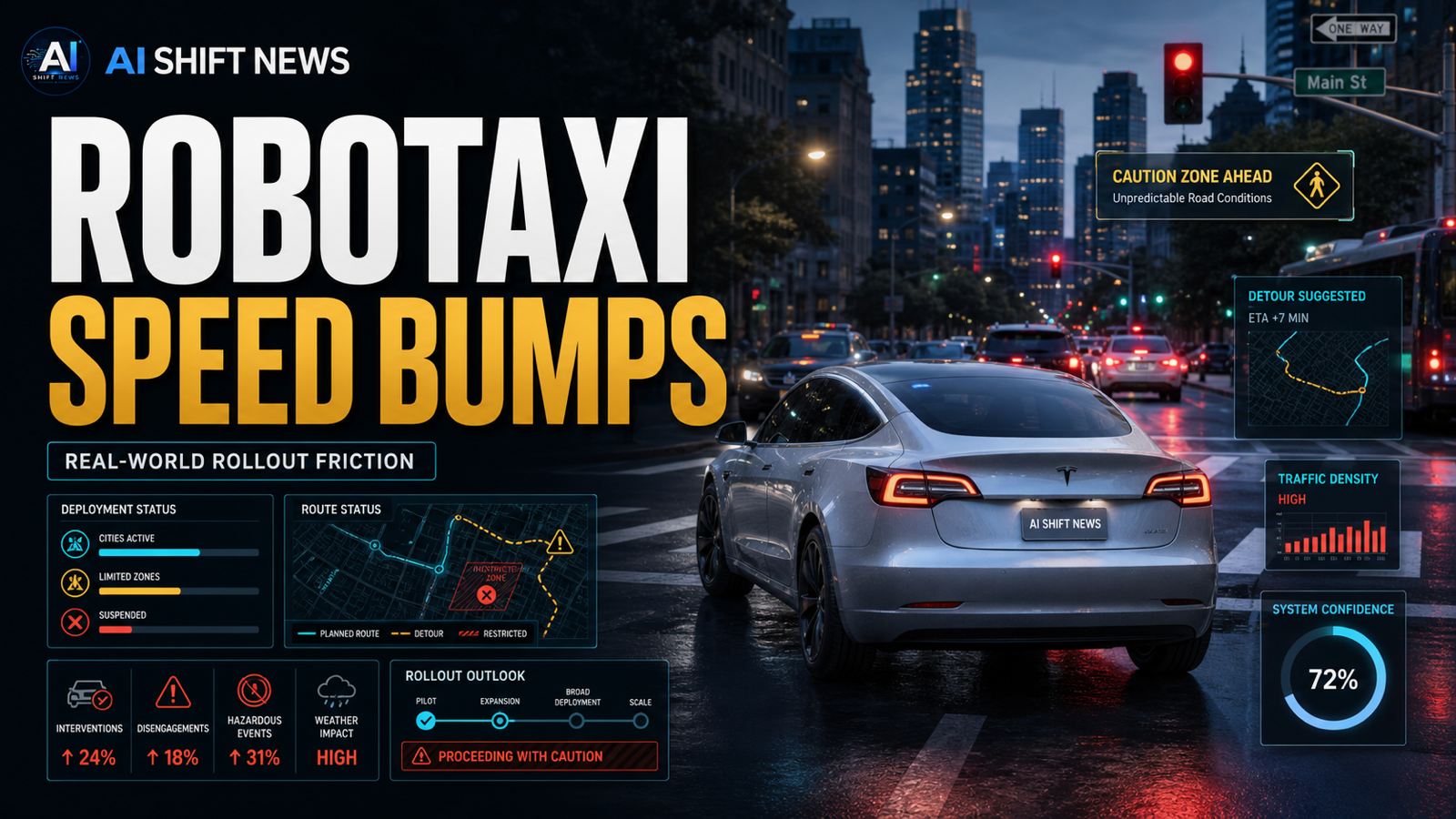 AI Shift News thumbnail for Tesla's Robotaxi Ambitions Hit Speed Bumps in Real-World Rollout