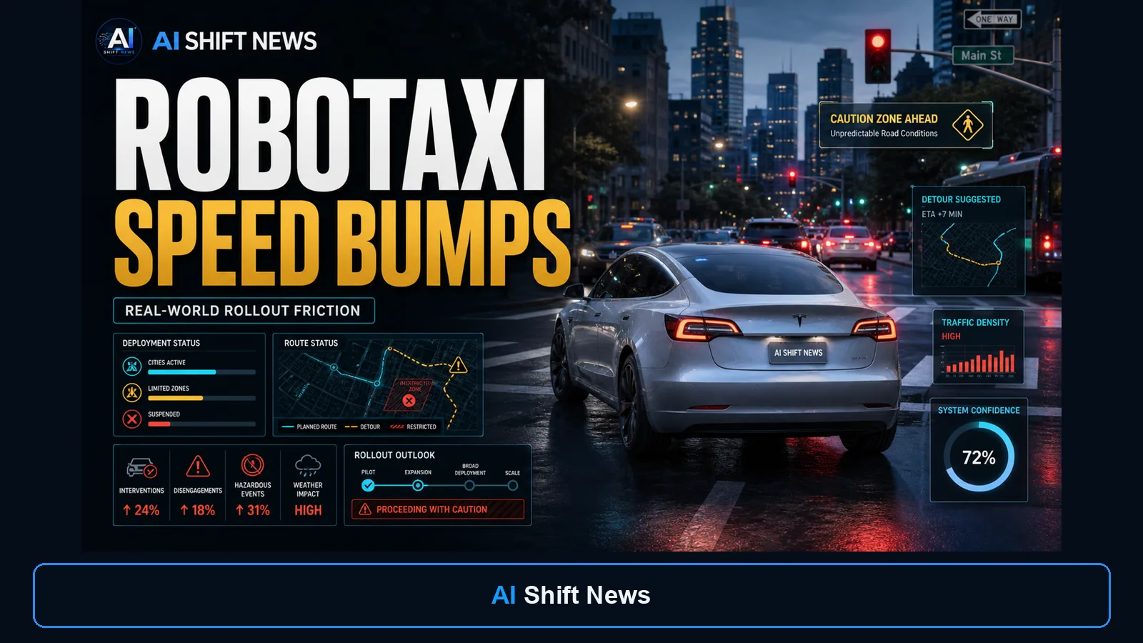 AI Shift News thumbnail for Tesla's Robotaxi Ambitions Hit Speed Bumps in Real-World Rollout